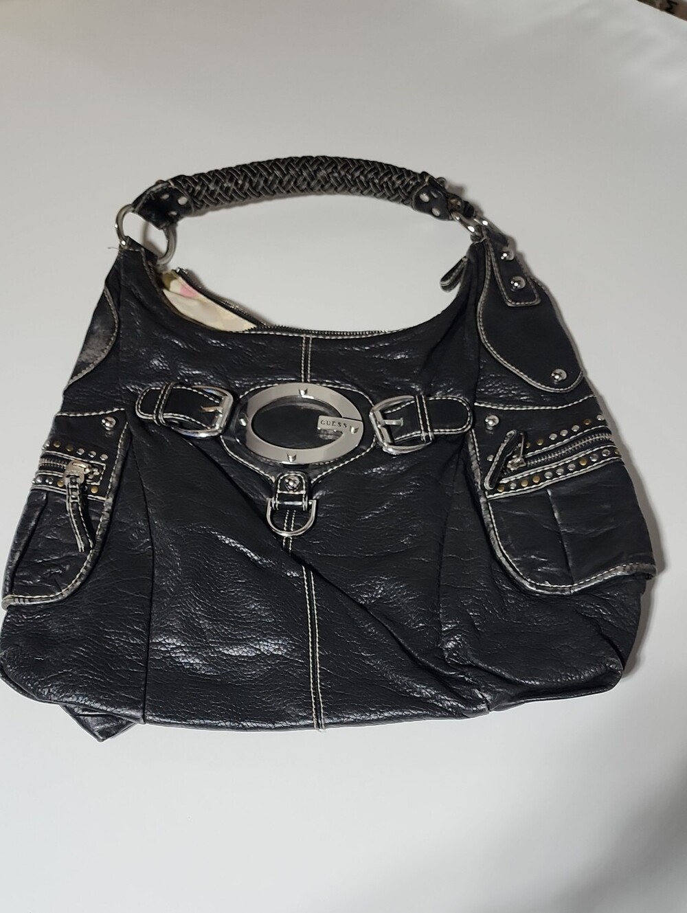 Guess Black Shoulder Bag with Braided Handle and Silver Hardware